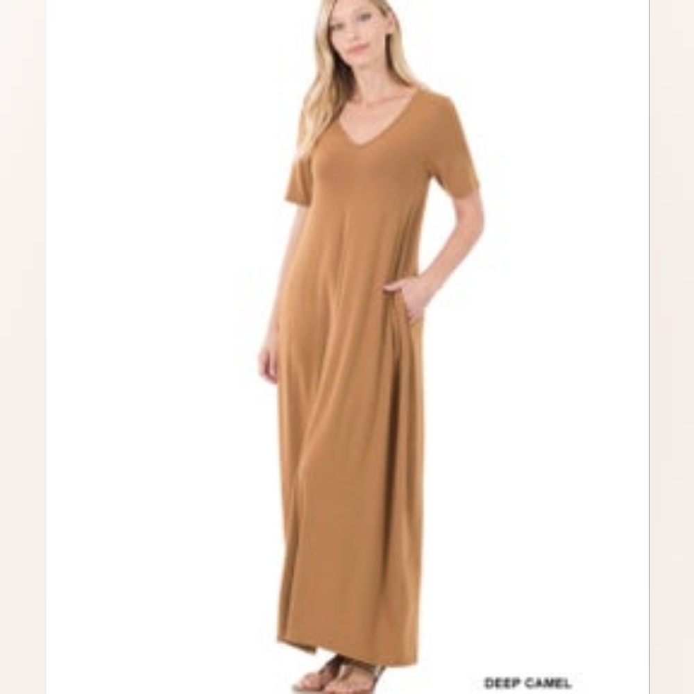 Zenana Short Sleeve Maxi Dress with Pockets dark camel